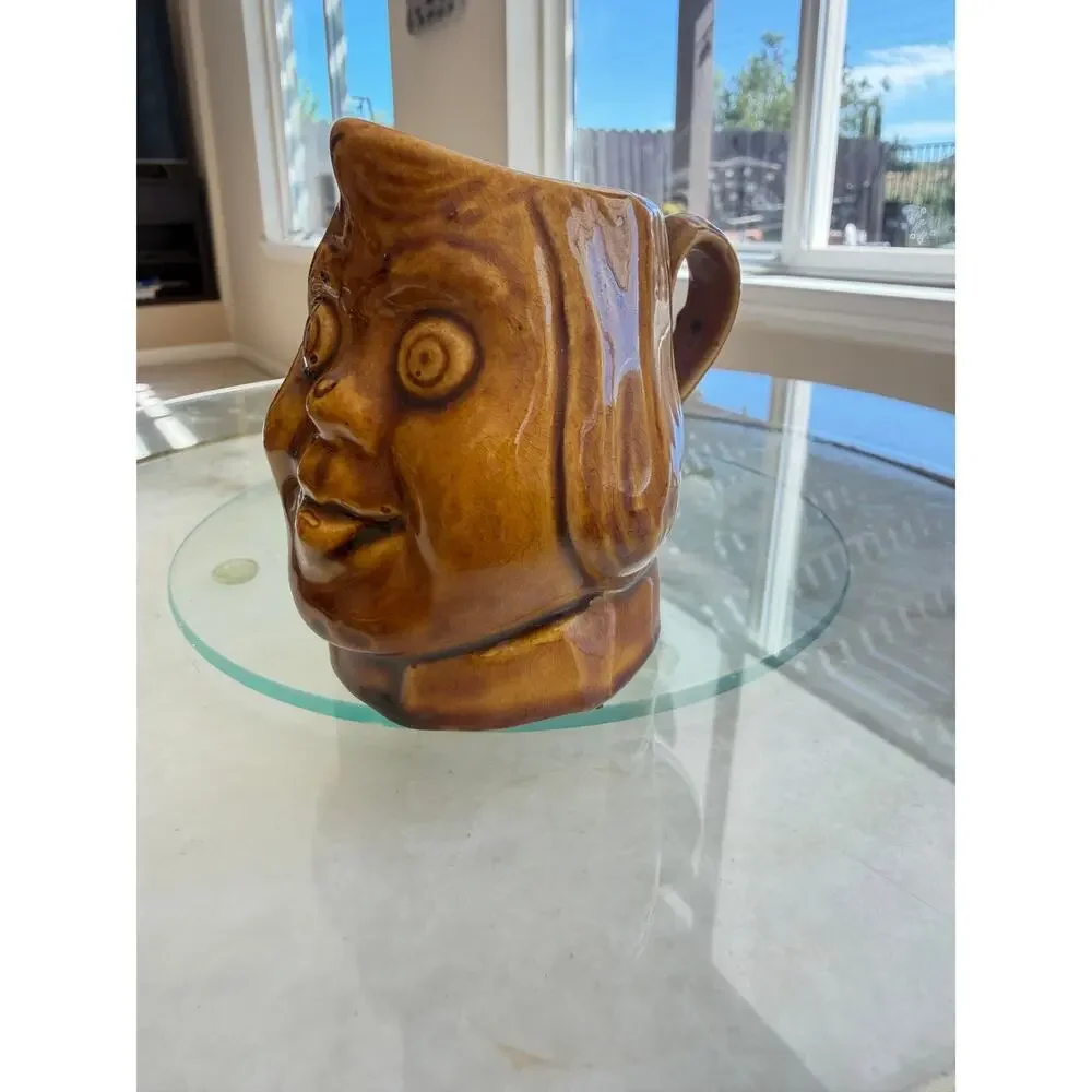 Vintage Small Character Face Mug Brown Glazed Folk Art Pottery Pitcher